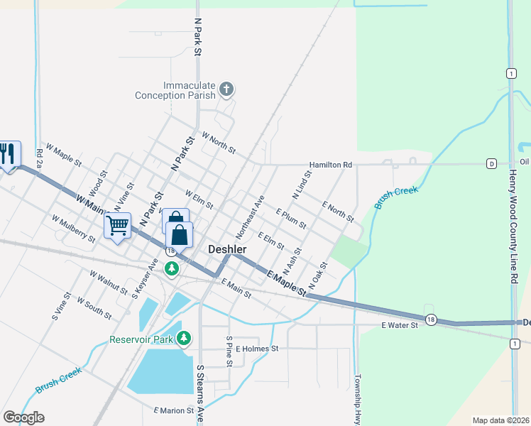map of restaurants, bars, coffee shops, grocery stores, and more near 217 East Plum Street in Deshler