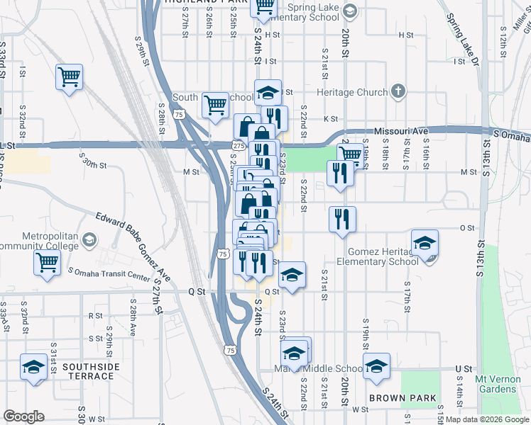 map of restaurants, bars, coffee shops, grocery stores, and more near 2307 N Street in Omaha