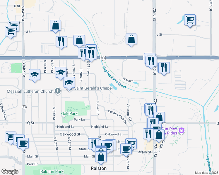 map of restaurants, bars, coffee shops, grocery stores, and more near 7510 Lakeview Street in Ralston