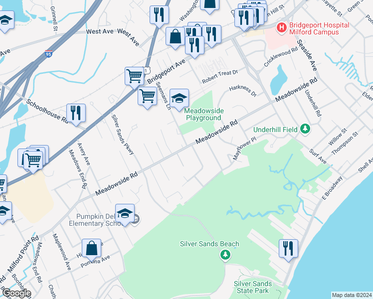 map of restaurants, bars, coffee shops, grocery stores, and more near 125 Seemans Lane in Milford