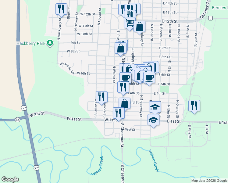 map of restaurants, bars, coffee shops, grocery stores, and more near 415 North Walnut Street in Wahoo
