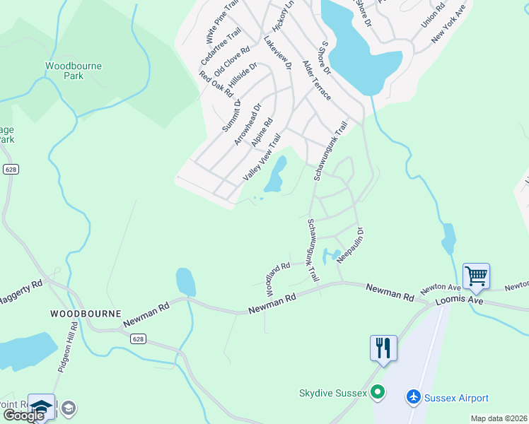 map of restaurants, bars, coffee shops, grocery stores, and more near 65 Upper Lake Drive in Wantage