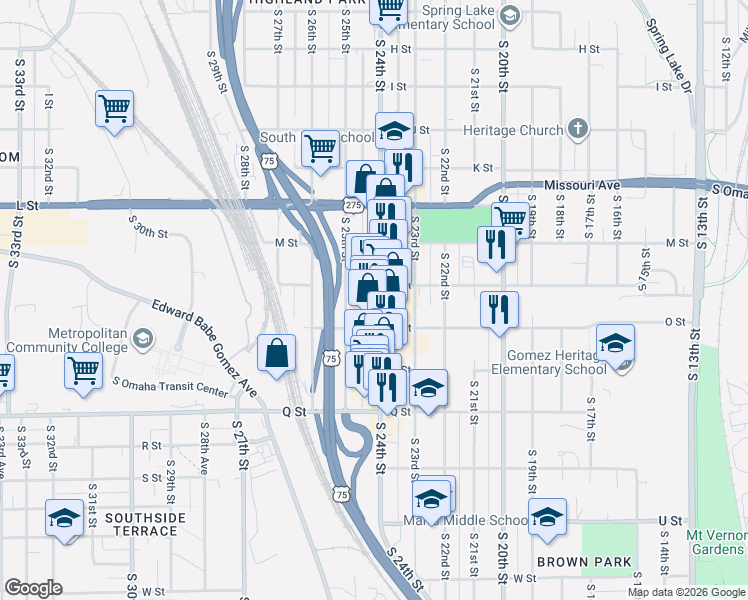 map of restaurants, bars, coffee shops, grocery stores, and more near in Omaha