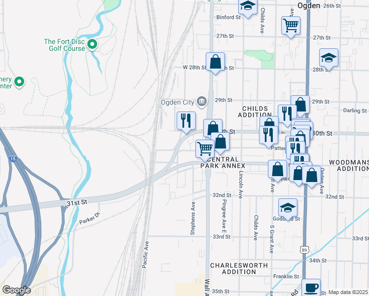 map of restaurants, bars, coffee shops, grocery stores, and more near 174 West Patterson Street in Ogden