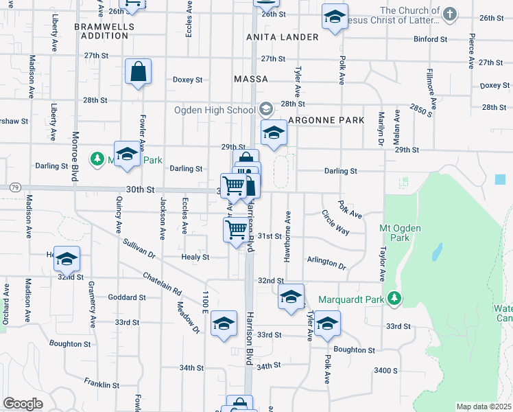 map of restaurants, bars, coffee shops, grocery stores, and more near 3026 Harrison Boulevard in Ogden