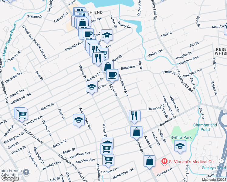 map of restaurants, bars, coffee shops, grocery stores, and more near Main Street in Bridgeport