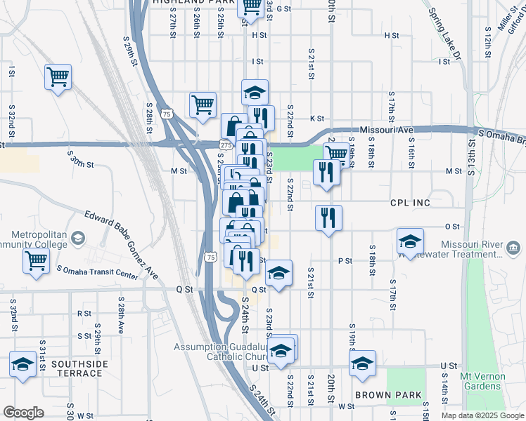 map of restaurants, bars, coffee shops, grocery stores, and more near 2307 N St in Omaha