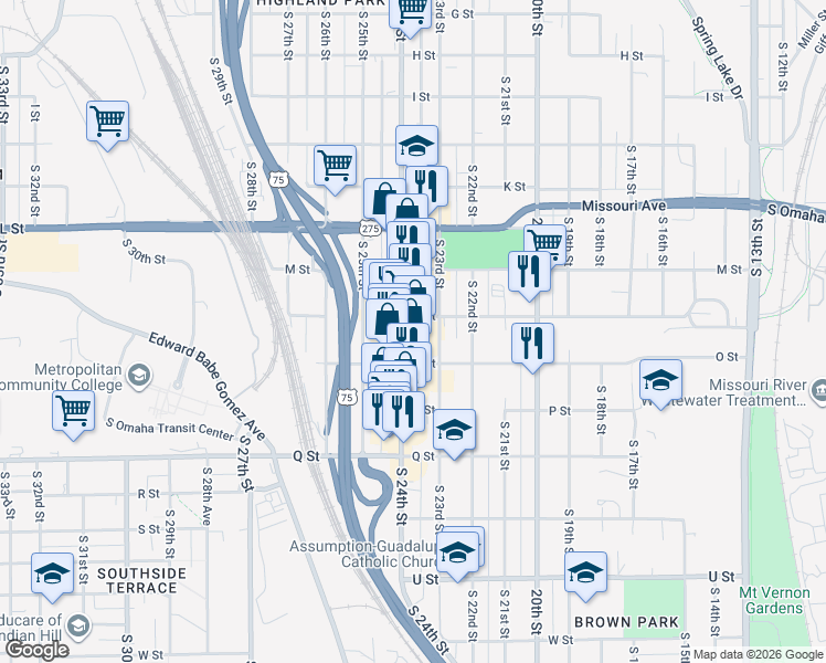 map of restaurants, bars, coffee shops, grocery stores, and more near 2307 N Street in Omaha