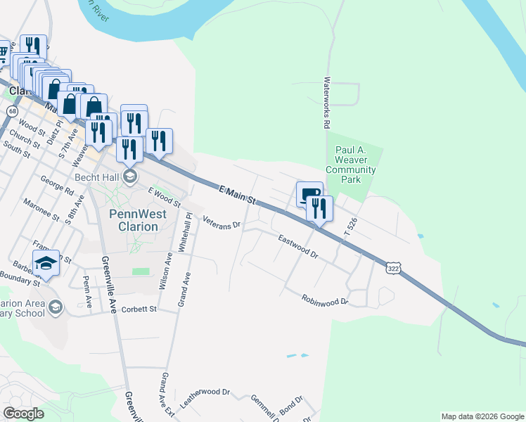 map of restaurants, bars, coffee shops, grocery stores, and more near 1130 East Main Street in Clarion