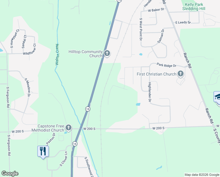 map of restaurants, bars, coffee shops, grocery stores, and more near 1634 Indiana 15 in Warsaw