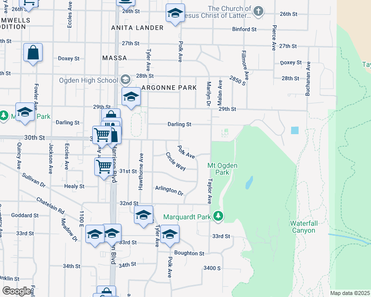 map of restaurants, bars, coffee shops, grocery stores, and more near 3000 Polk Avenue in Ogden