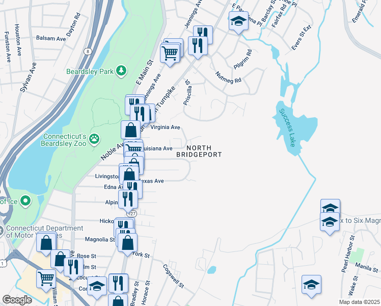 map of restaurants, bars, coffee shops, grocery stores, and more near 242 Louisiana Avenue in Bridgeport