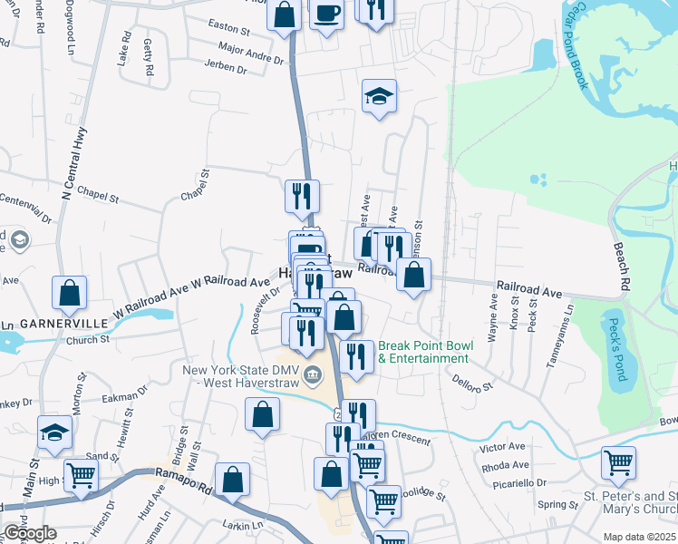 map of restaurants, bars, coffee shops, grocery stores, and more near 13 Railroad Avenue in West Haverstraw