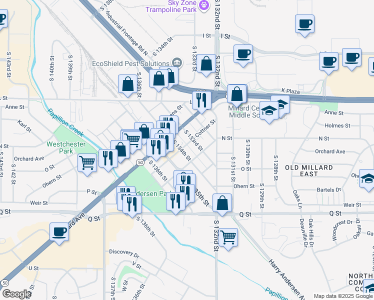 map of restaurants, bars, coffee shops, grocery stores, and more near 4966 South 133rd Street in Omaha