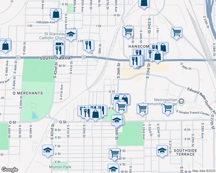 map of restaurants, bars, coffee shops, grocery stores, and more near 4958 South 36th Avenue in Omaha