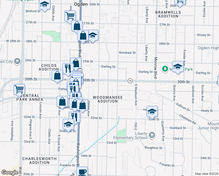 map of restaurants, bars, coffee shops, grocery stores, and more near 3030 Porter Avenue in Ogden