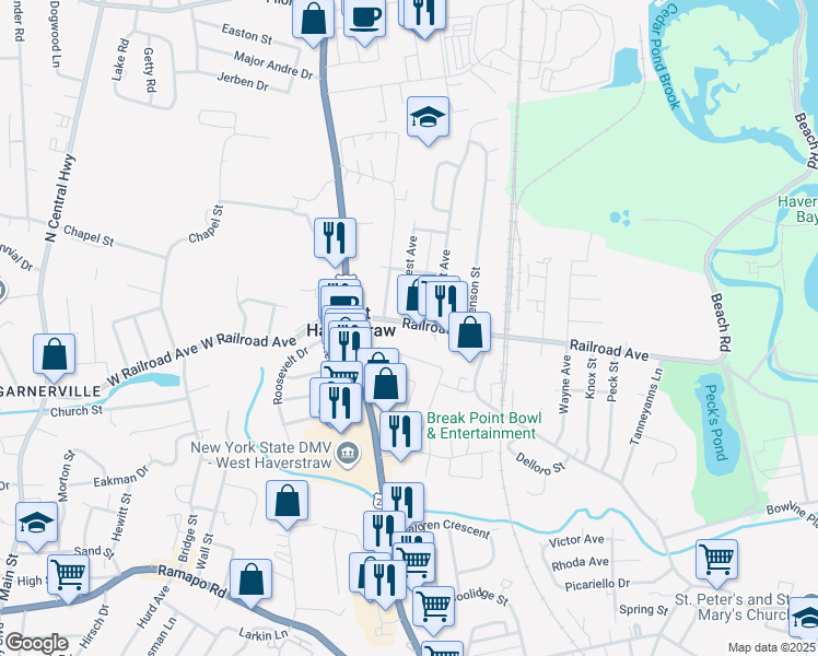 map of restaurants, bars, coffee shops, grocery stores, and more near 45 East Railroad Avenue in West Haverstraw