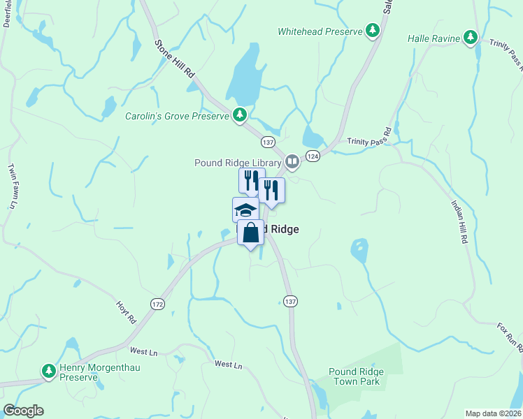 map of restaurants, bars, coffee shops, grocery stores, and more near 258 Westchester Avenue in Pound Ridge