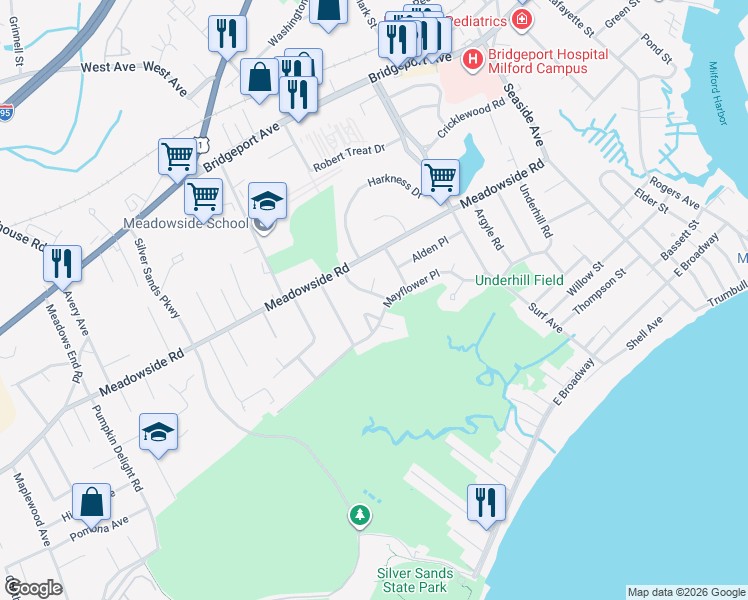 map of restaurants, bars, coffee shops, grocery stores, and more near 39 Wayland Road in Milford