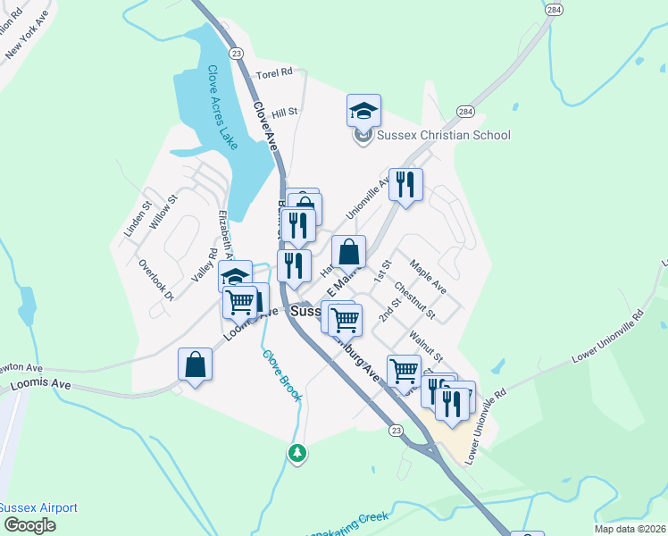 map of restaurants, bars, coffee shops, grocery stores, and more near 29a East Main Street in Sussex