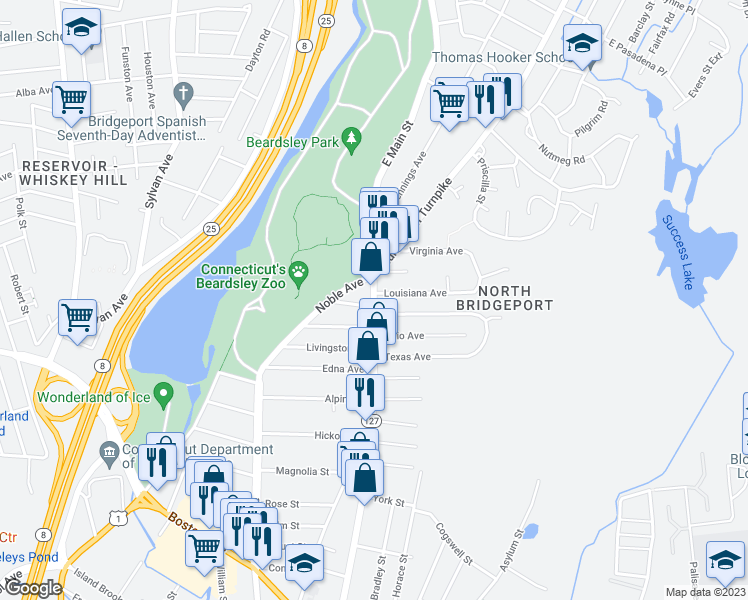map of restaurants, bars, coffee shops, grocery stores, and more near 2536 East Main Street in Bridgeport