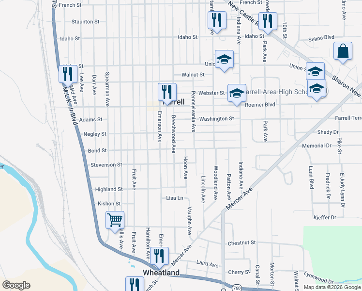 map of restaurants, bars, coffee shops, grocery stores, and more near 1012 Bond Street in Farrell