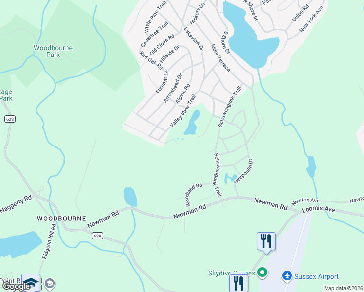 map of restaurants, bars, coffee shops, grocery stores, and more near 65 Upper Lake Drive in Wantage