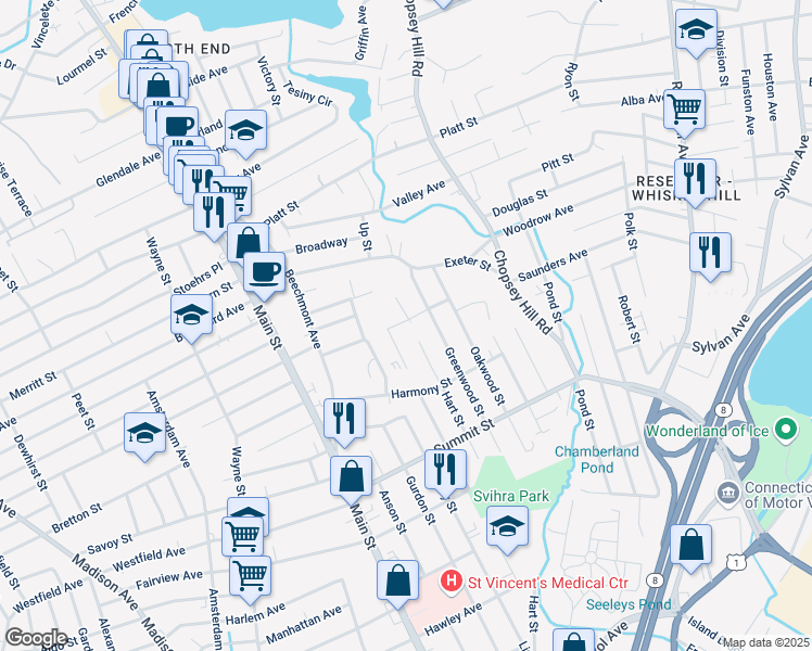 map of restaurants, bars, coffee shops, grocery stores, and more near 138 Quarry Street in Bridgeport