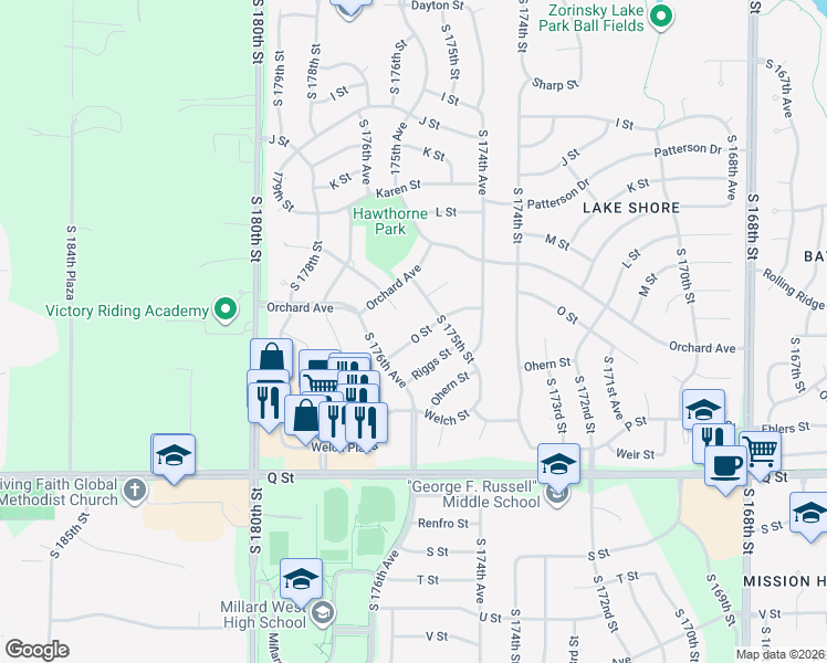 map of restaurants, bars, coffee shops, grocery stores, and more near 17520 O Street in Omaha