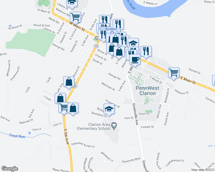 map of restaurants, bars, coffee shops, grocery stores, and more near 131 South 7th Avenue in Clarion