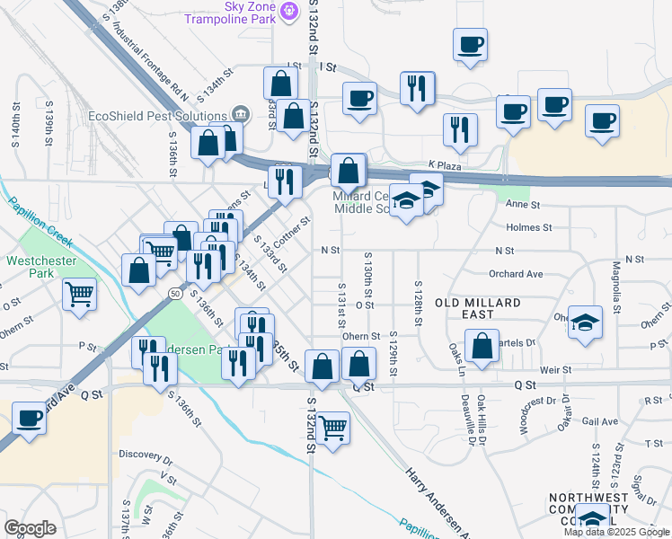 map of restaurants, bars, coffee shops, grocery stores, and more near 13106 Orchard Avenue in Omaha