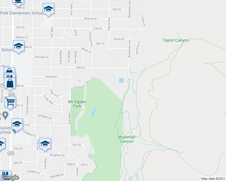 map of restaurants, bars, coffee shops, grocery stores, and more near 3013 Waterfall Lane in Ogden