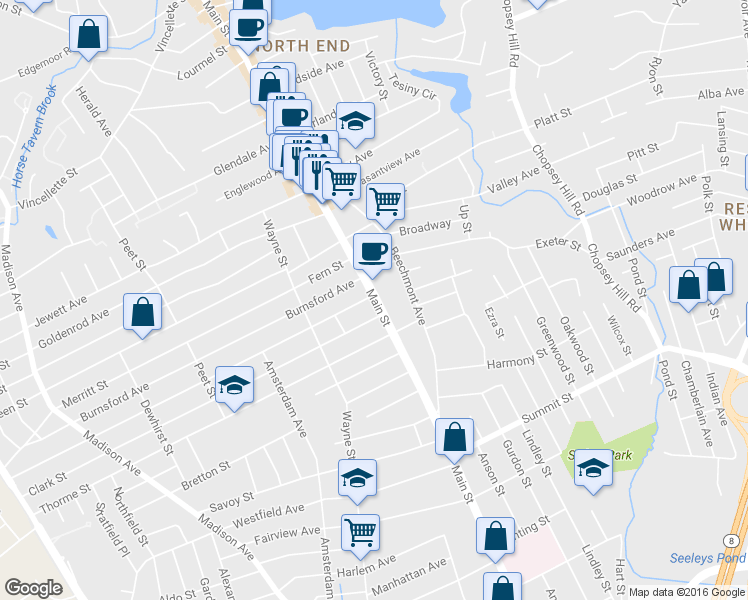 map of restaurants, bars, coffee shops, grocery stores, and more near 3527 Main Street in Bridgeport