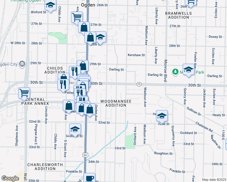 map of restaurants, bars, coffee shops, grocery stores, and more near 3024 Adams Avenue in Ogden