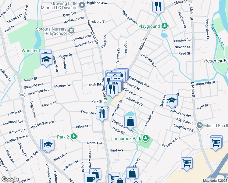 map of restaurants, bars, coffee shops, grocery stores, and more near 3563 Main Street in Stratford