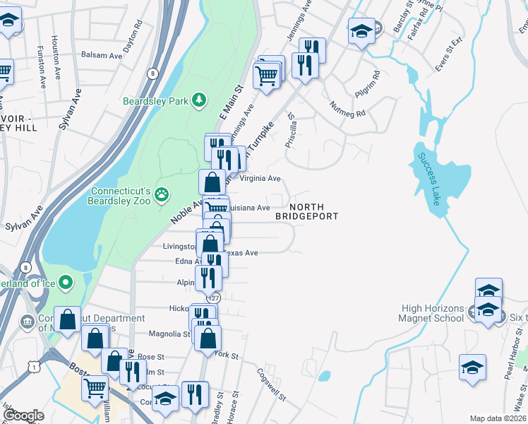 map of restaurants, bars, coffee shops, grocery stores, and more near 158 Louisiana Avenue in Bridgeport