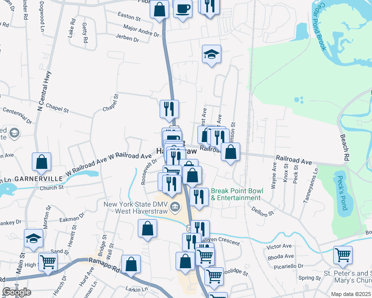 map of restaurants, bars, coffee shops, grocery stores, and more near 13 Railroad Avenue in West Haverstraw
