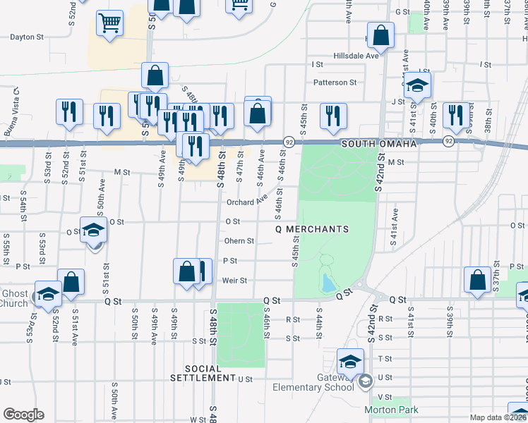 map of restaurants, bars, coffee shops, grocery stores, and more near 4955 South 46th Avenue in Omaha