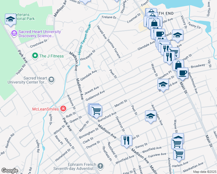 map of restaurants, bars, coffee shops, grocery stores, and more near 530 Goldenrod Avenue in Bridgeport