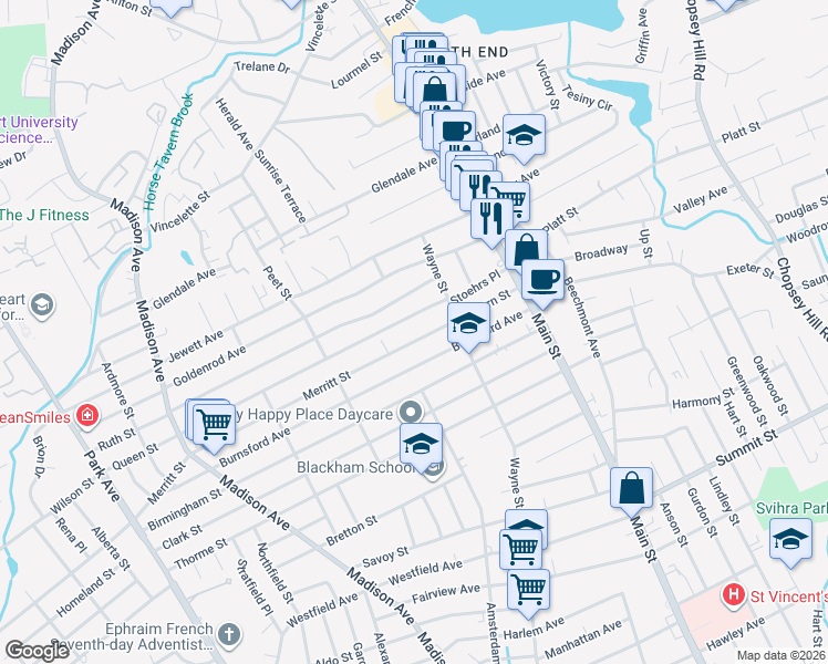 map of restaurants, bars, coffee shops, grocery stores, and more near 242 Merritt Street in Bridgeport