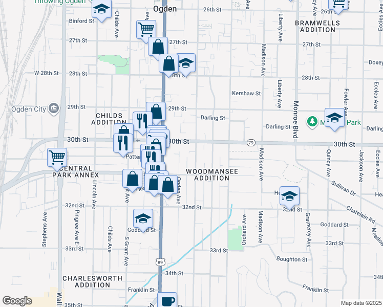 map of restaurants, bars, coffee shops, grocery stores, and more near 3027 Adams Avenue in Ogden