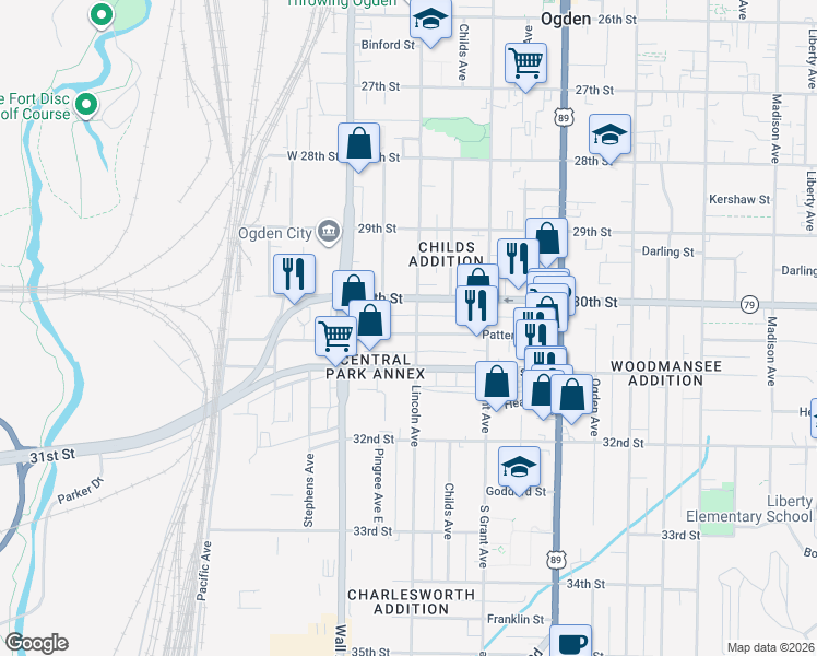 map of restaurants, bars, coffee shops, grocery stores, and more near 3037 Lincoln Avenue in Ogden