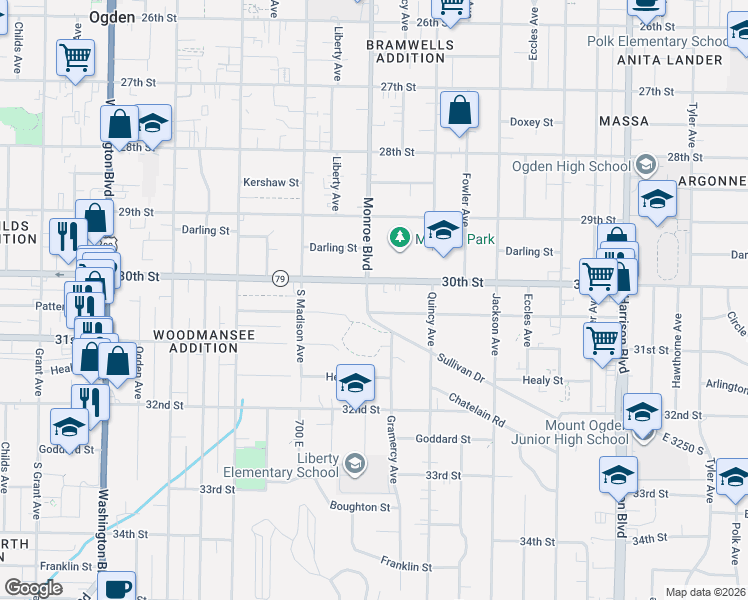 map of restaurants, bars, coffee shops, grocery stores, and more near 3022 Monroe Boulevard in Ogden