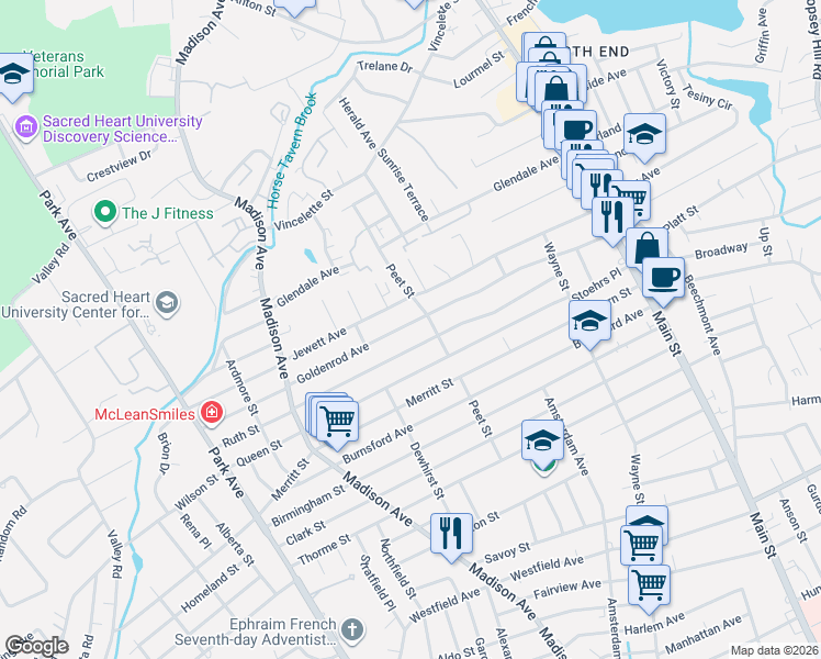 map of restaurants, bars, coffee shops, grocery stores, and more near 475 Goldenrod Avenue in Bridgeport