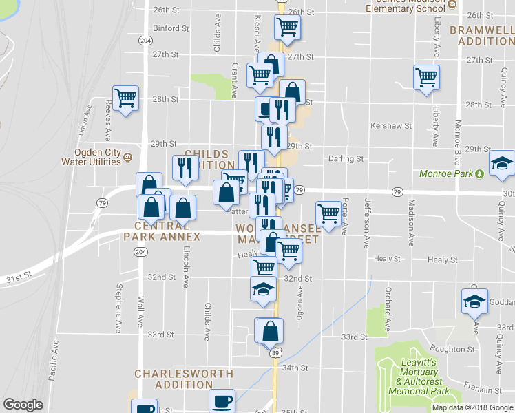 map of restaurants, bars, coffee shops, grocery stores, and more near 352 Patterson Street in Ogden