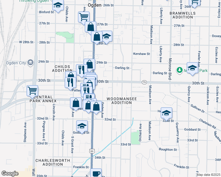 map of restaurants, bars, coffee shops, grocery stores, and more near 3024 Adams Avenue in Ogden
