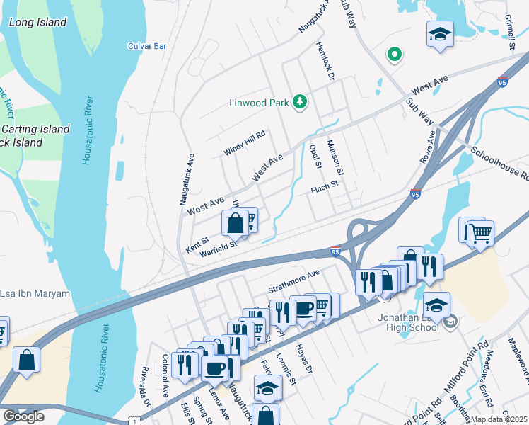 map of restaurants, bars, coffee shops, grocery stores, and more near 27 Arlmont Street in Milford