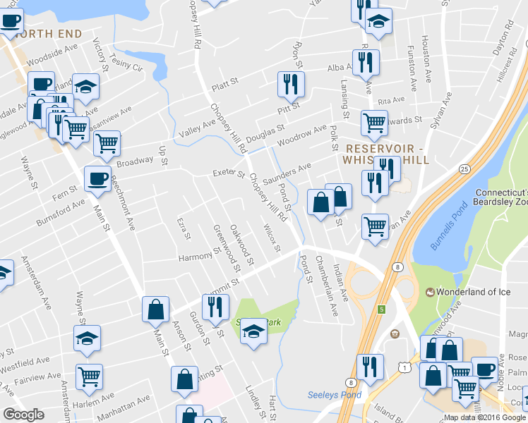 map of restaurants, bars, coffee shops, grocery stores, and more near 148 Wilcox Street in Bridgeport