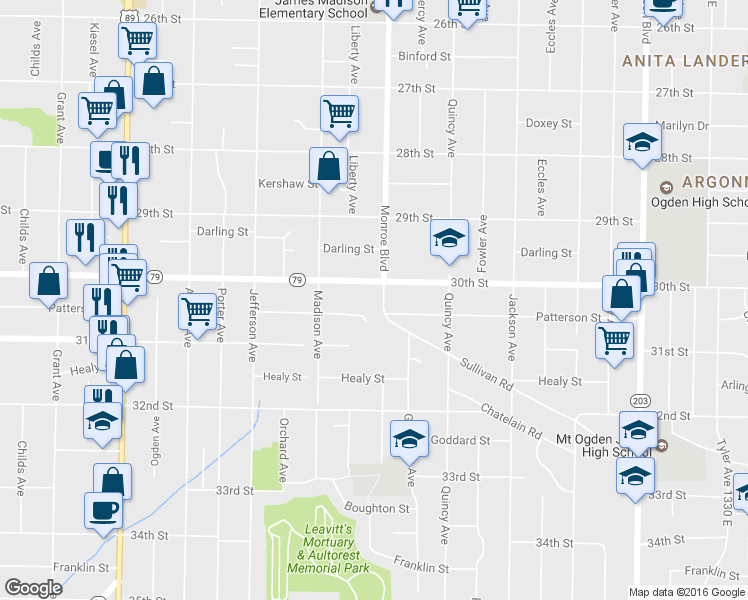 map of restaurants, bars, coffee shops, grocery stores, and more near 3023 Monroe Boulevard in Ogden