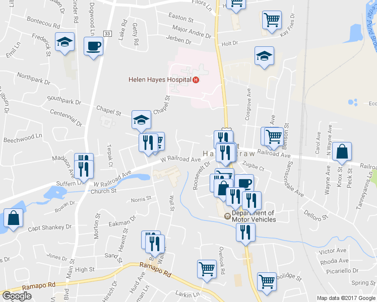 map of restaurants, bars, coffee shops, grocery stores, and more near 5 Andrews Drive in West Haverstraw